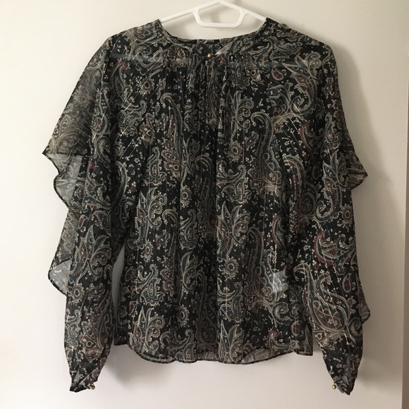 JOIE Kriston Black Print Chiffon Tiered Ruffle Sleeve Blouse XS - Picture 2 of 7